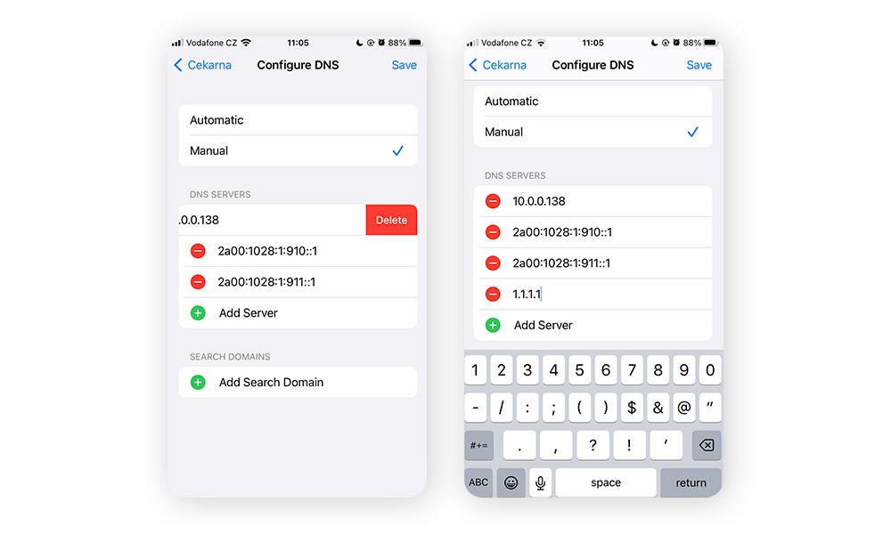 Removing listed DNS servers from network settings on iOS, then replacing them with a secure DNS server.